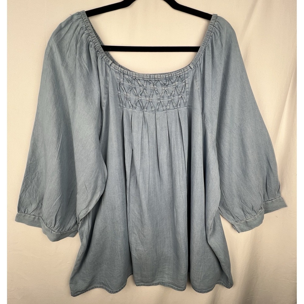 Club Z Collection 3X Blue Tencel Boho Peasant Blouse Smocked Yoke Flowy Chambray